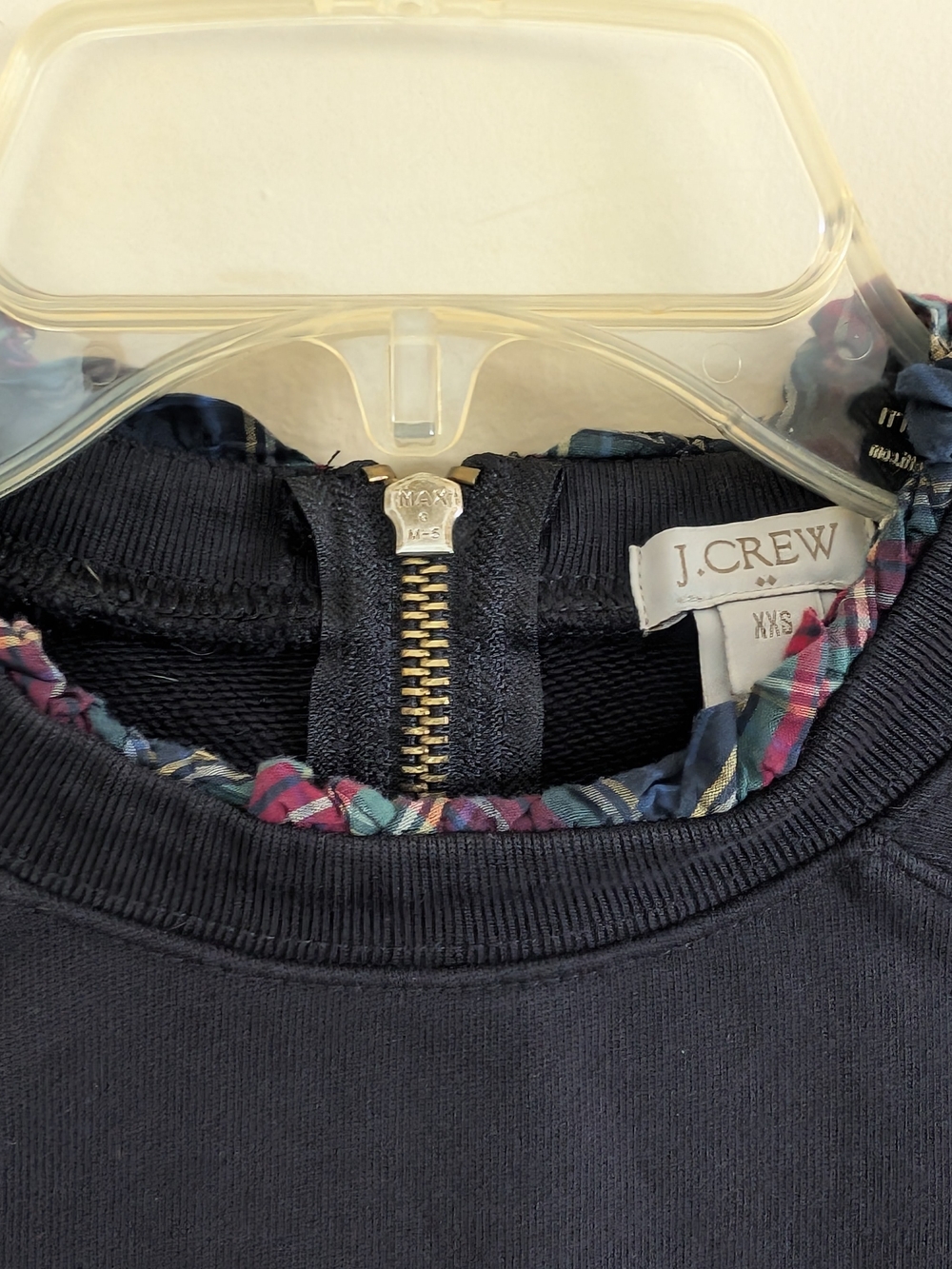 J. Crew Navy Crewneck Sweater with Plaid Trim and Back Zip